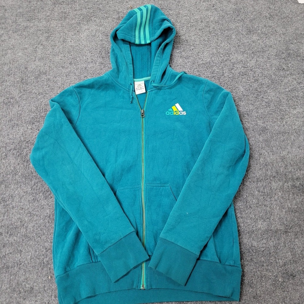 Adidas Hoodie Womens Size L Teal Blue Full Zip Three Stripe Athletic Sweatshirt